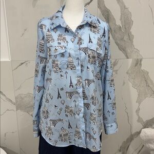 Karl Lagerfeld Light Blue Parisian Print Button Down Collared Long Sleeve Shirt